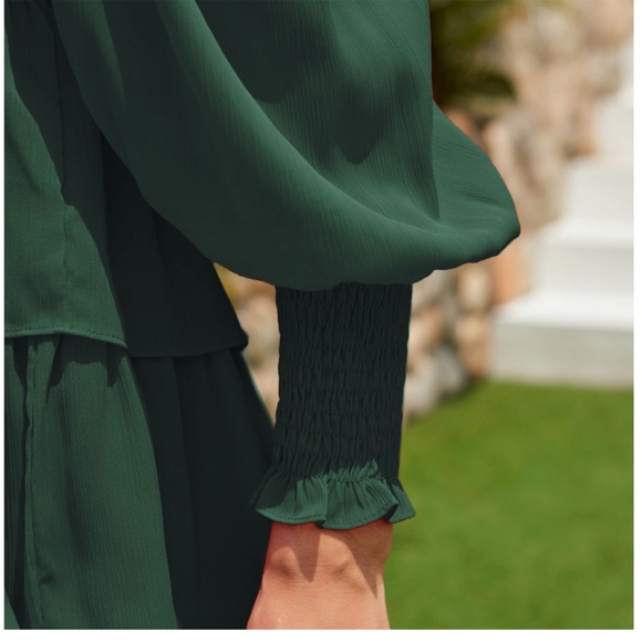 Teal long-sleeve smocked square neck tiered mini dress. - Picture 3 of 4